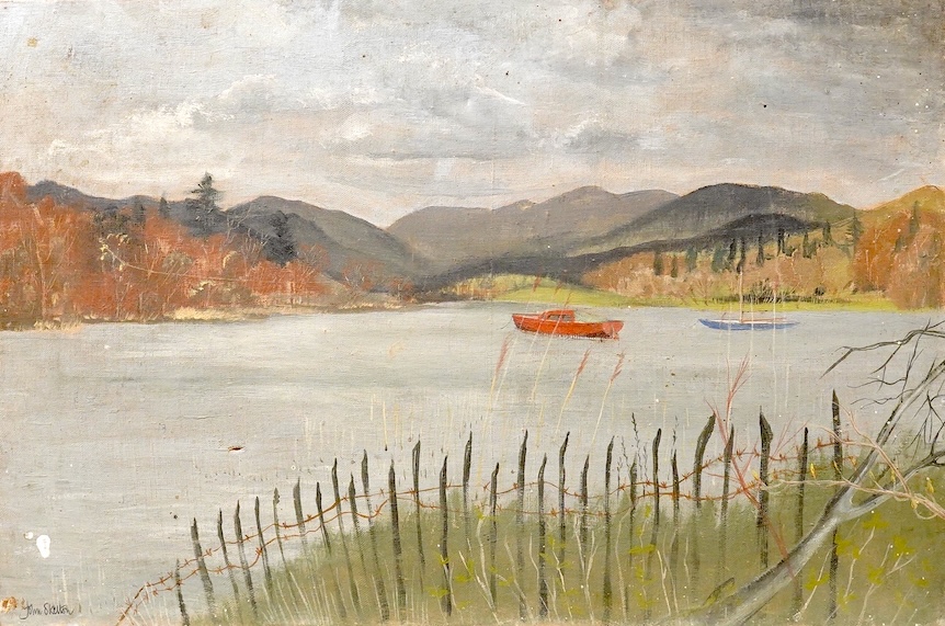 John Skelton (1925-2009), Mountainous lakeside view with boats, signed, oil on canvas, 40 x 61cm, unframed, Provenance: from the artist's family